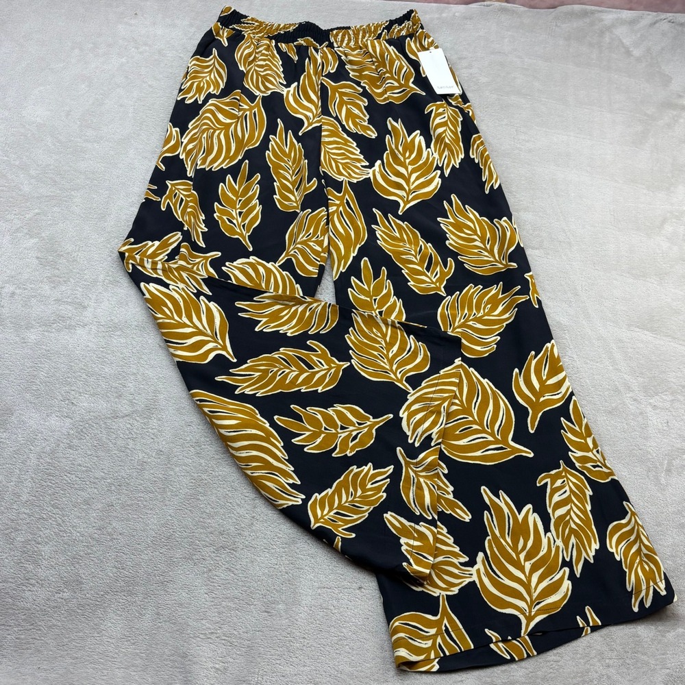 Karen Kane Wide Leg Pants Women M Navy Yellow Tropical Print Resortwear Vacation